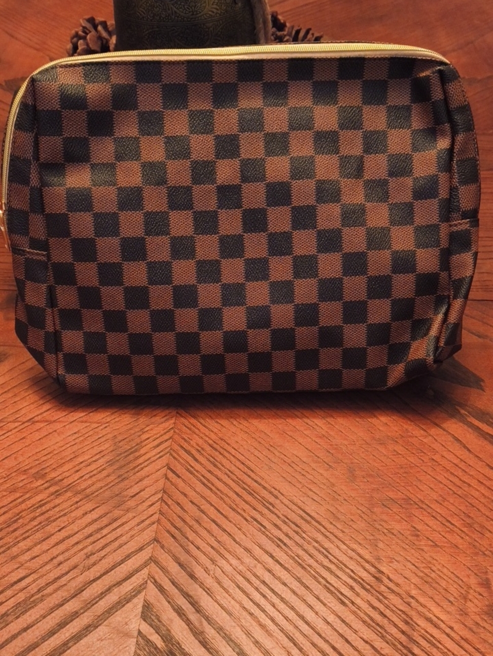 Brown Checkered Makeup Bag With Small Bag